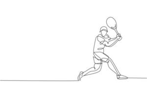 dessin en ligne continue d'un jeune joueur de tennis agile se prépare à frapper la balle de l'adversaire. concept d'exercice sportif. illustration vectorielle de dessin à la mode sur une ligne pour les médias de promotion du tournoi de tennis vecteur