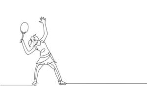 dessin en ligne continue d'un jeune joueur de tennis agile prêt à servir frapper la balle. concept d'exercice sportif. illustration vectorielle de dessin à la mode sur une ligne pour les médias de promotion du tournoi de tennis vecteur