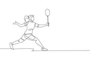 un dessin d'une seule ligne de la défense d'un jeune joueur de badminton énergique pour prendre l'illustration vectorielle de l'adversaire frappé. concept de sport sain. conception de dessin en ligne continue moderne pour l'affiche du tournoi de badminton vecteur