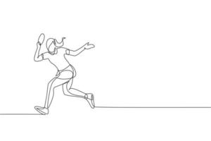 un seul dessin au trait d'une jeune femme énergique joueuse de tennis de table courir pour attraper l'illustration vectorielle de balle. concept d'entraînement sportif. conception de dessin en ligne continue moderne pour la bannière du tournoi de ping pong vecteur