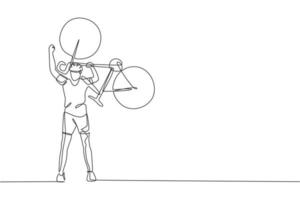 un dessin en ligne continu d'un jeune coureur cycliste sportif lève son vélo pour célébrer la victoire. concept de cycliste sur route. illustration vectorielle de dessin à une seule ligne pour affiche de compétition de cyclisme vecteur