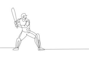une seule ligne dessinant la position du joueur de cricket jeune homme énergique debout pour frapper le graphique d'illustration vectorielle de balle. notion sportive. conception de dessin en ligne continue moderne pour la bannière de compétition de cricket