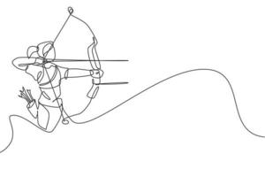 dessin en ligne continue unique de la jeune femme archer professionnelle se concentre sur la cible de tir à l'arc. exercice de sport de tir à l'arc avec le concept d'arc. graphique d'illustration vectorielle de conception de dessin à une ligne à la mode vecteur