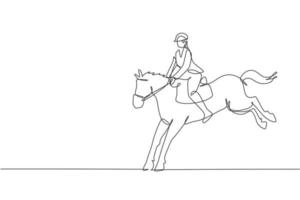 un seul dessin au trait d'un jeune cavalier effectuant un graphique d'illustration vectorielle de test de saut de dressage. concept de compétition de spectacle de sport équestre. conception moderne de dessin en ligne continue vecteur