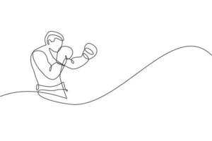 un dessin en ligne continu d'un jeune boxeur sportif entraîne sa position de défense. concept de sport de combat compétitif. illustration vectorielle dynamique de conception de dessin à une seule ligne pour affiche de promotion de match de boxe vecteur