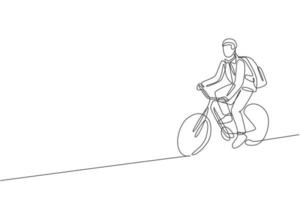 un dessin en ligne continu d'un jeune gestionnaire professionnel faisant du vélo à vélo jusqu'à son bureau. concept de mode de vie urbain de travail sain. illustration vectorielle graphique de conception de dessin à une seule ligne dynamique vecteur