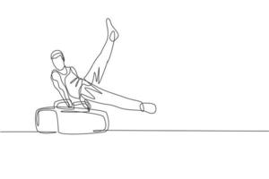 un seul dessin au trait d'un jeune bel homme gymnaste exerçant une illustration vectorielle graphique de cheval d'arçons. mode de vie sain et concept de sport athlétique. conception moderne de dessin en ligne continue vecteur