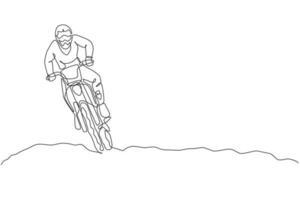 le dessin en ligne continue d'un jeune motocross conduit le vélo si vite sur la piste. illustration vectorielle de concept de course de sport extrême. conception à la mode d'une ligne pour les médias de promotion d'événements de motocross vecteur