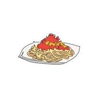 dessin en ligne continue d'une savoureuse étiquette de logo de spaghettis italiens délicieux. concept de restaurant de nouilles de pâtes. illustration vectorielle de conception de dessin à une ligne moderne pour un café, un magasin ou un service de livraison de nourriture