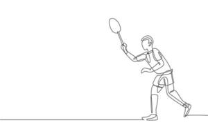 un dessin en ligne continu d'un jeune joueur de badminton prêt à prendre le service adverse. concept d'exercice sportif. illustration vectorielle dynamique de conception de dessin à une seule ligne pour l'affiche de promotion de match de tournoi vecteur