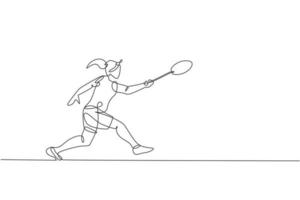 un dessin en ligne continu d'un jeune joueur de badminton a frappé le volant avec une raquette. concept de sport de compétition. illustration vectorielle dynamique de conception de dessin à une seule ligne pour l'affiche de promotion de match de tournoi vecteur