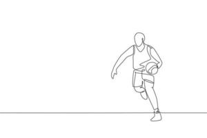 dessin en ligne continue d'un jeune joueur de basket-ball en bonne santé dribblant une balle. concept de sport de compétition. illustration vectorielle de dessin à la mode à une ligne pour les médias de promotion du tournoi de basket vecteur