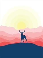 cerf debout sur une pierre au coucher du soleil. illustration de la silhouette vecteur