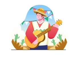 les mexicains portent un sombrero célèbrent le cinco de mayo en jouant de la guitare et en chantant des illustrations. peut être utilisé pour la carte de voeux, la carte postale, l'affiche, la bannière, l'impression, l'invitation, le web, etc. vecteur