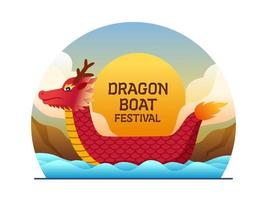 conception de festival de bateaux-dragons heureux avec bateau-dragon de couleur rouge. dessin animé d'illustration du festival duanwu. peut être utilisé pour l'affiche, la carte de voeux, la carte postale, la bannière, l'impression, l'animation, les médias sociaux, etc. vecteur