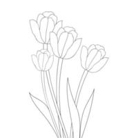 ligne continue de crayon d'encre noire de fleur de tulipe dessinée sur la page de coloriage de fleur isolée vecteur