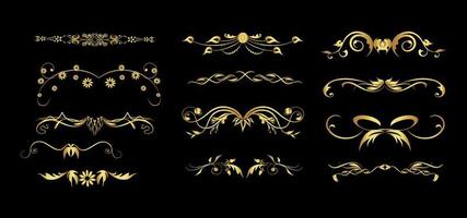 ensemble de diviseurs d'or. en-têtes bouclés abstraits, ensemble d'éléments de conception. éléments de design dorés sur fond noir. calligraphique de style luxe. vecteur