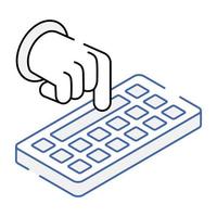 main sur un clavier, icône isométrique de la frappe