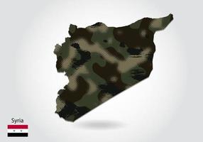 carte de la syrie avec motif camouflage, forêt - texture verte sur la carte. concept militaire pour l'armée, le soldat et la guerre. armoiries, drapeau.