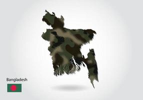 carte du bangladesh avec motif camouflage, texture vert forêt sur la carte. concept militaire pour l'armée, le soldat et la guerre. armoiries, drapeau. vecteur