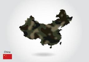 carte de la chine avec motif camouflage, forêt - texture verte sur la carte. concept militaire pour l'armée, le soldat et la guerre. armoiries, drapeau. vecteur