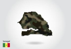 carte du sénégal avec motif camouflage, forêt - texture verte sur la carte. concept militaire pour l'armée, le soldat et la guerre. armoiries, drapeau. vecteur
