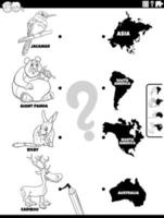 faire correspondre les animaux de dessin animé et les continents tâche page de livre de coloriage vecteur