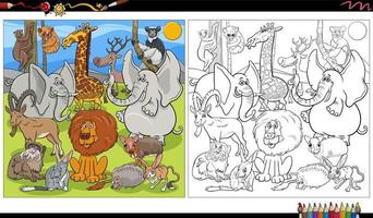 page de livre de coloriage de groupe de personnages d'animaux sauvages de dessin animé