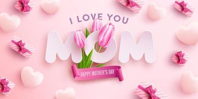 affiche ou bannière de la fête des mères avec des coeurs doux, des fleurs et une boîte-cadeau rose sur fond rose