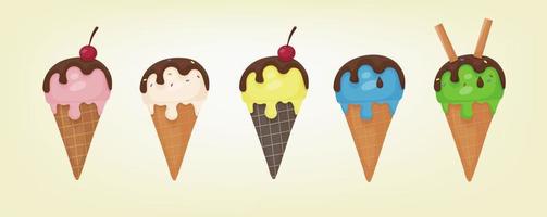 jeu de crème glacée. boules de différentes couleurs de crème glacée fondante dans un cornet gaufré. chocolat noir, pailles, cerises, biscuits et pépites sucrées vecteur