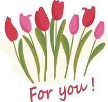 carte de voeux. tulipes rouges pour votre femme ou petite amie préférée. les fleurs sont le meilleur cadeau pour toutes les vacances. vecteur