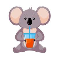 koala mignon buvant du jus isolé sur fond blanc. personnage de dessin animé souriant assis heureux. vecteur