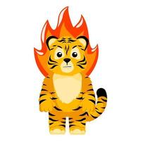 petit personnage de tigre en colère isolé. tigre rayé de dessin animé cub irrité avec le feu. vecteur