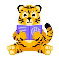 mignon petit livre de lecture isolé de tigre. Apprentissage d'un petit tigre de dessin animé de personnage heureux. vecteur