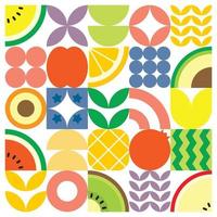 affiche géométrique d'illustration de coupe de fruits frais d'été avec des formes simples colorées. motif vectoriel abstrait plat de style scandinave. illustration minimaliste de fruits et de feuilles sur fond blanc.