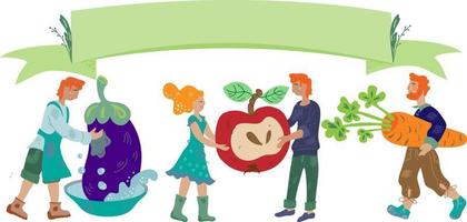 bannière de récolte d'automne avec illustration vectorielle de personnes et de légumes isolée.