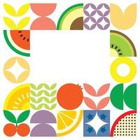 affiche géométrique d'illustration de coupe de fruits frais d'été avec des formes simples colorées. motif vectoriel abstrait plat de style scandinave. illustration minimaliste de fruits et de feuilles sur fond blanc.