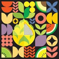 affiche géométrique de fruits frais d'été avec des formes simples colorées. conception de modèle de vecteur abstrait plat de style scandinave. illustration minimaliste d'un fruit du dragon jaune sur fond noir.