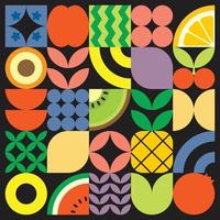 affiche d'illustration géométrique de fruits frais d'été avec des formes simples colorées. motif vectoriel abstrait plat de style scandinave. illustration minimaliste de fruits et de feuilles sur fond noir.