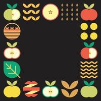 oeuvre abstraite de cadre de pomme. illustration de conception d'un motif de pomme coloré, de feuilles et de symboles géométriques dans un style minimaliste. fruit entier, coupé et fendu. vecteur plat simple sur fond noir.