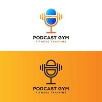création de logo d'entraînement de fitness gym podcast, micro avec modèle vectoriel de concept de logo d'haltères