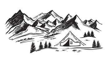 camping dans la nature, paysage de montagne, style de croquis, illustrations vectorielles. vecteur