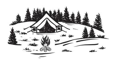 camping dans la nature, paysage de montagne, style de croquis, illustrations vectorielles. vecteur