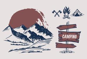 temps de camping dans la nature, paysage de montagne, style de croquis, illustrations vectorielles.