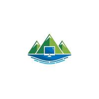 conception de logo ou d'icône de montagne, de lac et d'ordinateur vecteur