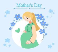 femme enceinte, personnage de dessin animé dans un style plat. la beauté attend bébé. carte de fête des mères pleine de fleurs