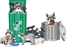 ratons laveurs cherchant de la nourriture dans les poubelles vecteur