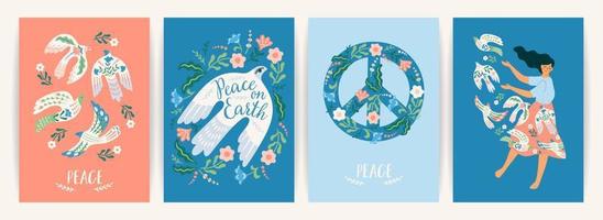 paix sur la terre. femme et colombe de la paix. ensemble de vecteurs. illustration pour carte, affiche, flyer et autre