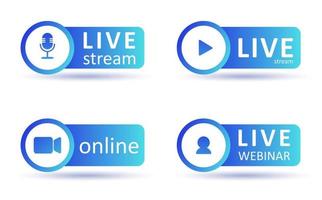 ensemble d'icônes de diffusion en direct. symboles de dégradé et boutons de diffusion en direct, diffusion, webinaire en ligne. label pour la télévision, les émissions, les films et les performances en direct. illustration plate de vecteur. eps10. vecteur
