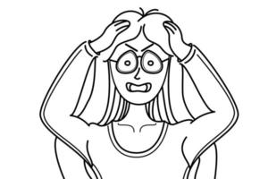 illustration d'art en ligne femme dessinée à la main tenant sa tête, femme triste, visage inquiet vecteur